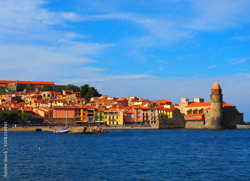 Landscape of the city and the coast in Collioure, France