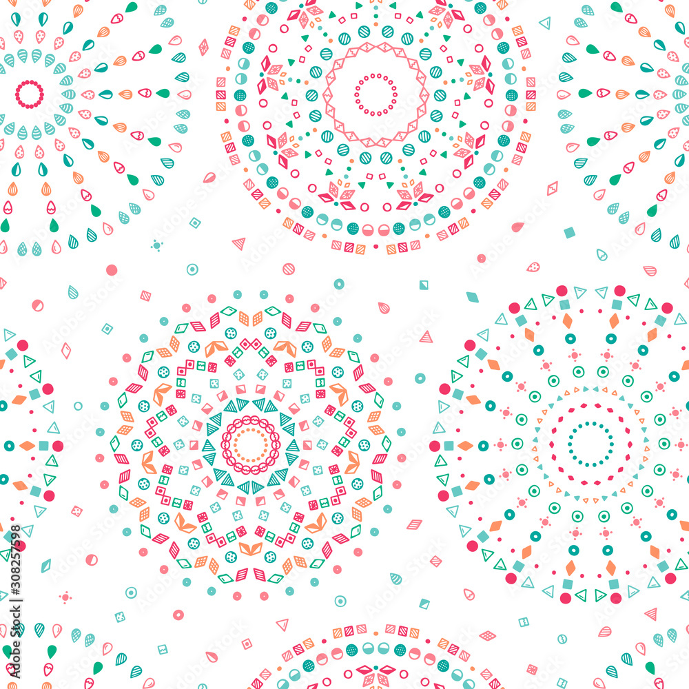 Fototapeta premium Ethnic Mandalas Seamless pattern. Tribal background with geometric ornament. Hand Drawn doodle Circles of simple geometric shapes. Vector illustration
