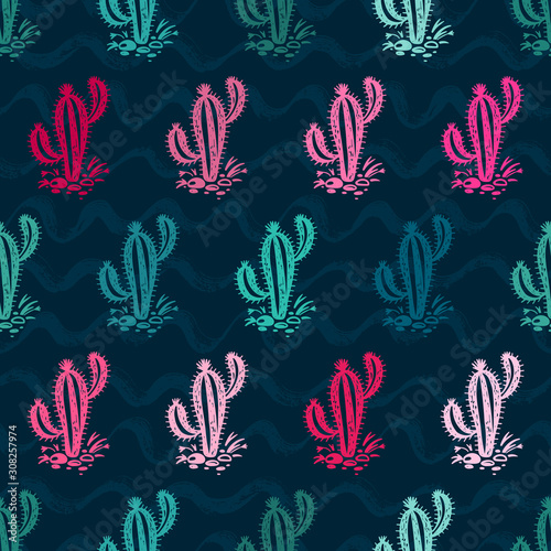 Desert with Cactuses. Cactus Vector Seamless pattern. Mexican Nature. Hand drawn doodle cacti. Floral background © AllNikArt