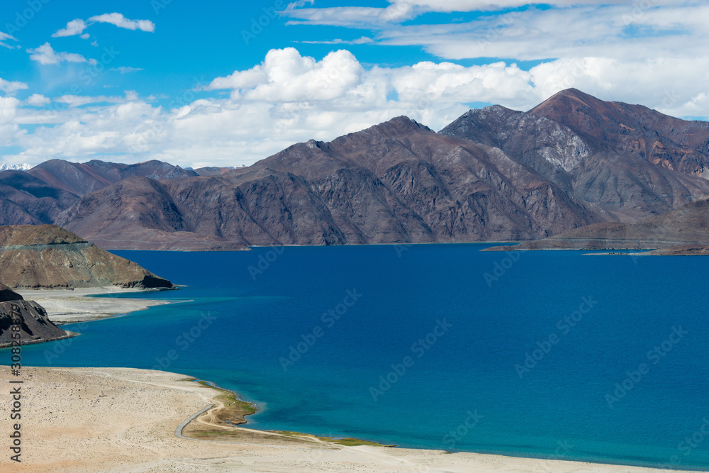 Ladakh, India - Aug 06 2019 - Pangong Lake view from Merak Village in Ladakh, Jammu and Kashmir, India. The Lake is an endorheic lake in the Himalayas situated at a height of about 4350m.