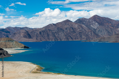 Ladakh, India - Aug 06 2019 - Pangong Lake view from Merak Village in Ladakh, Jammu and Kashmir, India. The Lake is an endorheic lake in the Himalayas situated at a height of about 4350m.