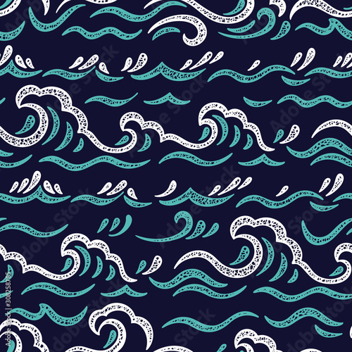Sea Waves Vector Seamless pattern. Hand drawn Doodle Wave. Cartoon Sea or Ocean Dark Blue Background © AllNikArt