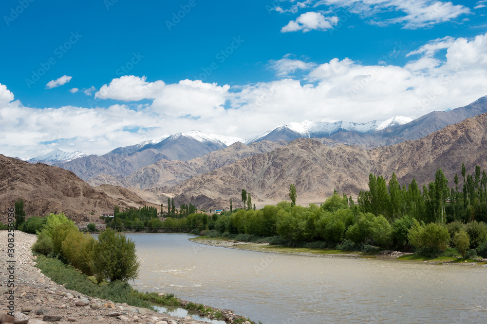 Ladakh, India - Jul 07 2019 - Indus River view from Stakna Village in Ladakh, Jammu and Kashmir, India.