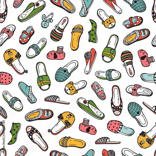Shoes Vector background. Slippers Seamless pattern. Hand drawn doodle female, male and children's House Slippers