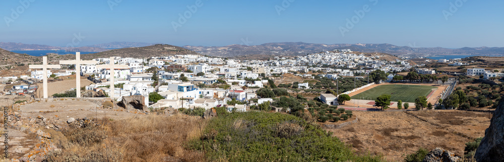 Panorama with crosses, Houses, church and buildings in Plaka village