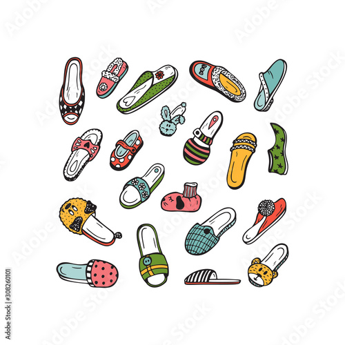 Colorful Shoes Vector Set. Hand drawn doodle female, male and children's House Slippers