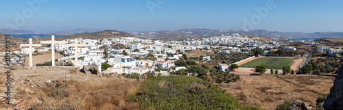 Panorama with crosses, Houses, church and buildings in Plaka village