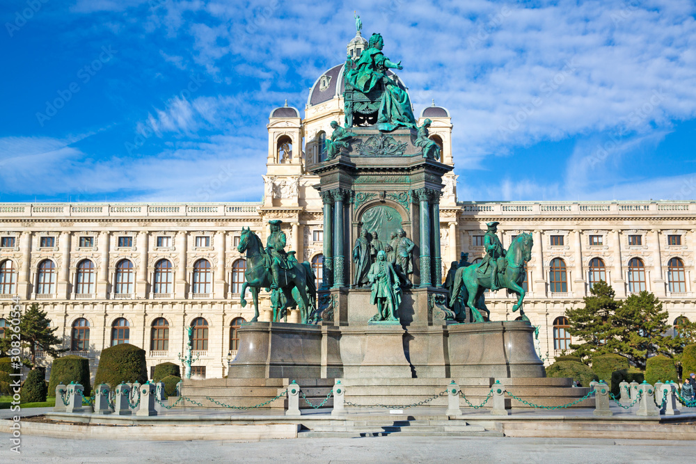 Maria Theresa square and statue, Natural history museum (Naturhistorisches museum) in Vienna, Austria. Bright blue sky. 
