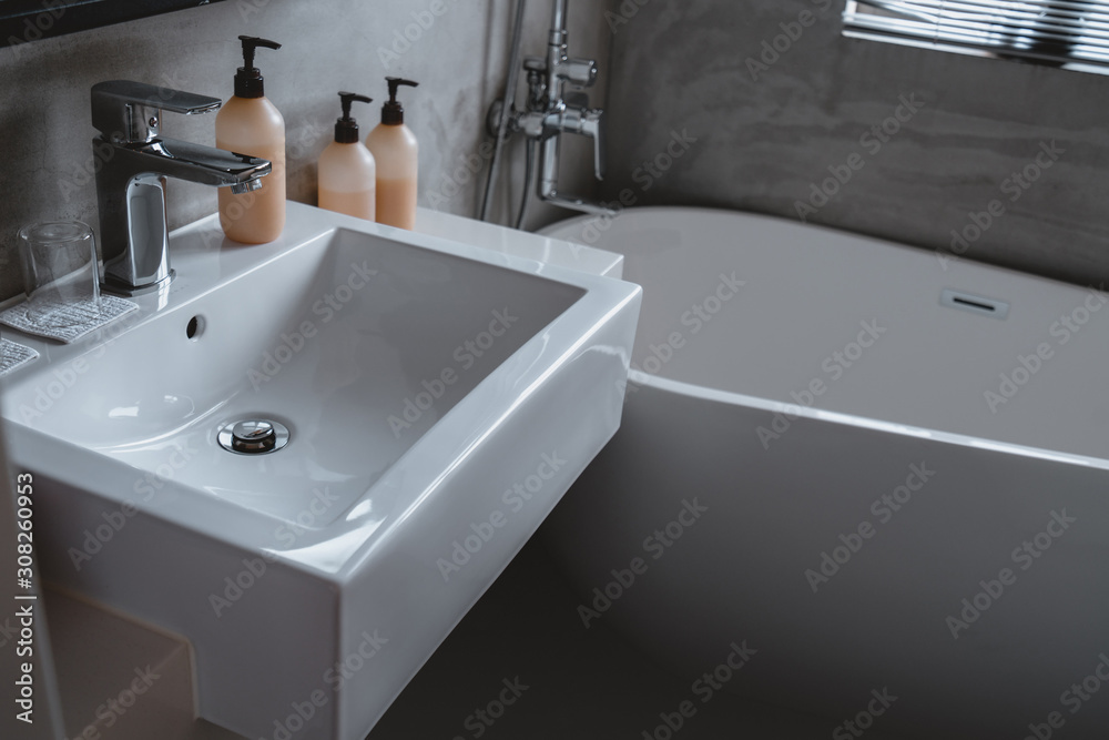 Modern bathroom faucet, white bathroom - modern tiled bath bathtub Modern bathroom faucet, white bathroom - modern tiled bath bathtub