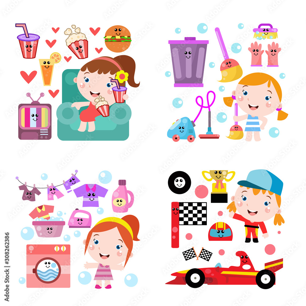 Little Girl Activity Cute Cartoon. Kids. Children Compilation Set with tool Vector Template Design Illustration Little Girl Activity Cute Cartoon. Kids. Children Compilation Set with tool Vector Template Design Illustration