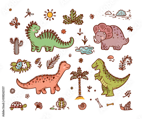 Fototapeta Naklejka Na Ścianę i Meble -  Extinct animals. Cute Cartoon Dinosaur Vector set. Hand drawn doodle Dinosaurs: Tiranossauro Rex, Triceratops, Stegosaurus, Diplodocus and Plants