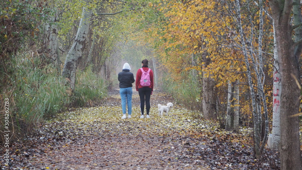 dos personas y un perro blanco paseando por lago de Ivars y Vilasana, Lerida, España dos personas y un perro blanco paseando por lago de Ivars y Vilasana, Lerida, España