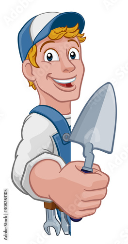 Construction site handyman builder man holding a trowel tool cartoon mascot. Peeking around a sign