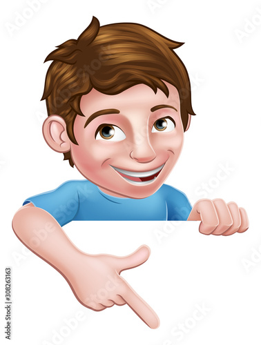 Boy child cartoon kid character peeking over a sign and pointing at it