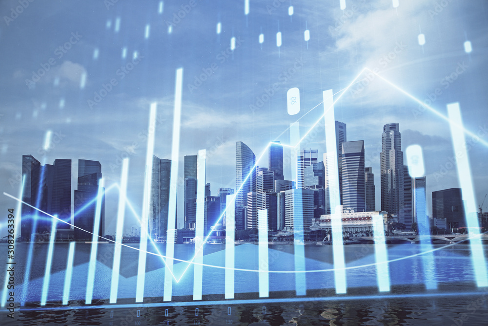 Forex chart on cityscape with tall buildings background multi exposure. Financial research concept. Forex chart on cityscape with tall buildings background multi exposure. Financial research concept.
