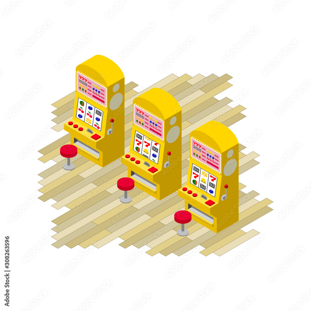 3台の黄色いスロットマシンの等角投影図 Stock Vector | Adobe Stock 