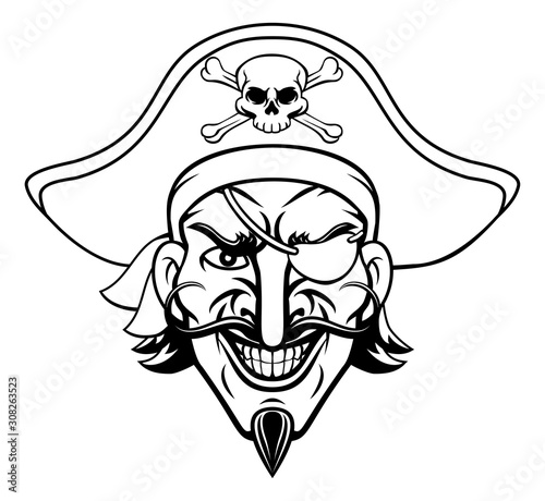 A pirate cartoon character captain mascot face with skull and crossed bones on his tricorne hat