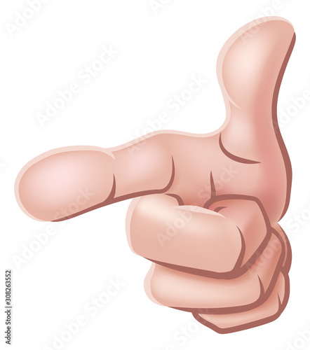 A cartoon hand pointing its finger out at the viewer in wants or needs you gesture
