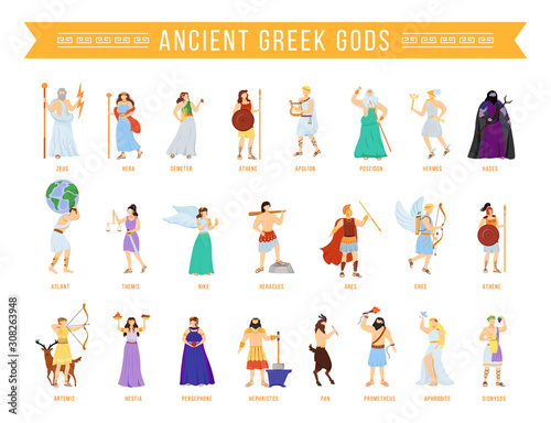 Ancient Greek pantheon gods and goddesses flat vector illustrations set. Titans and heroes. Mythology. Olympian deities. Divine mythological figures. Isolated cartoon characters photo