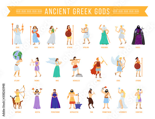 Ancient Greek pantheon gods and goddesses flat vector illustrations set. Titans and heroes. Mythology. Olympian deities. Divine mythological figures. Isolated cartoon characters
