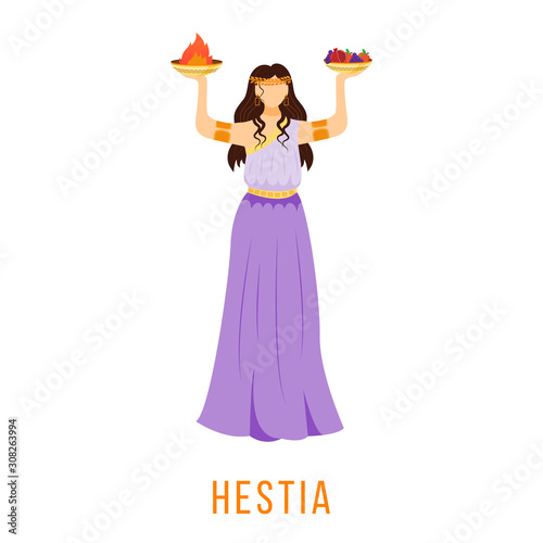 Hestia flat vector illustration. Ancient Greek deity. Virgin goddess of hearth, family, home. Mythology. Divine mythological figure. Isolated cartoon character on white background