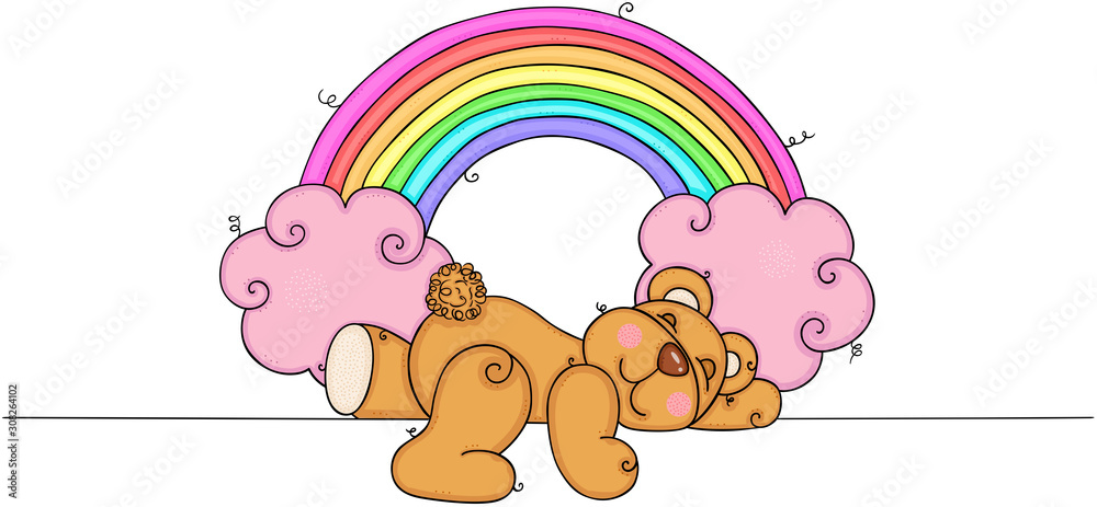 Fototapeta premium Teddy bear sleeping with rainbow and pink clouds