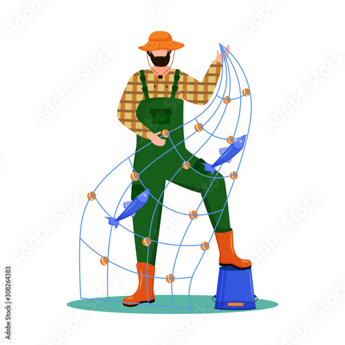Fisherman flat vector illustration. Sport, active leisure. Fishing fleet. Maritime occupation. Fisher with seine isolated cartoon character on white background