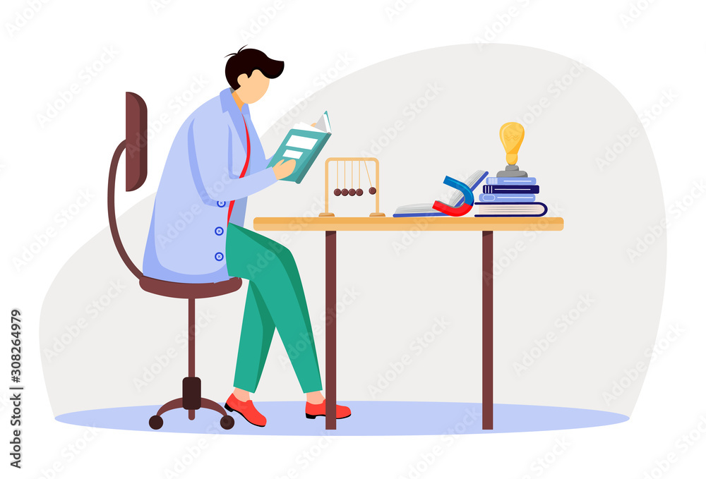 Scientist at his working place flat vector illustration. Man in blue lab coat. University professor. Physicist sitting and reading book isolated cartoon character on white background Scientist at his working place flat vector illustration. Man in blue lab coat. University professor. Physicist sitting and reading book isolated cartoon character on white background