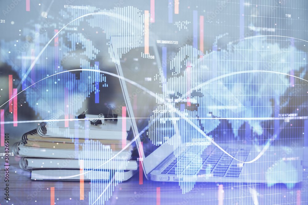 Multi exposure of business theme icons and work space with computer background. Concept of success.
