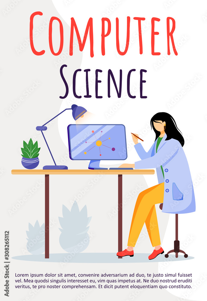 Computer science poster vector template. Scientist using modern technologies for research. Brochure, cover, booklet concept design with flat illustrations. Advertising flyer, banner layout idea