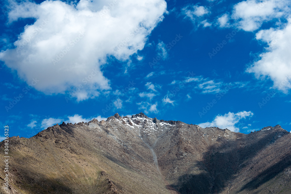 Ladakh, India - Aug 04 2019 - Beautiful scenic view from Between Leh and Chang La Pass (5360m) in Ladakh, Jammu and Kashmir, India.
