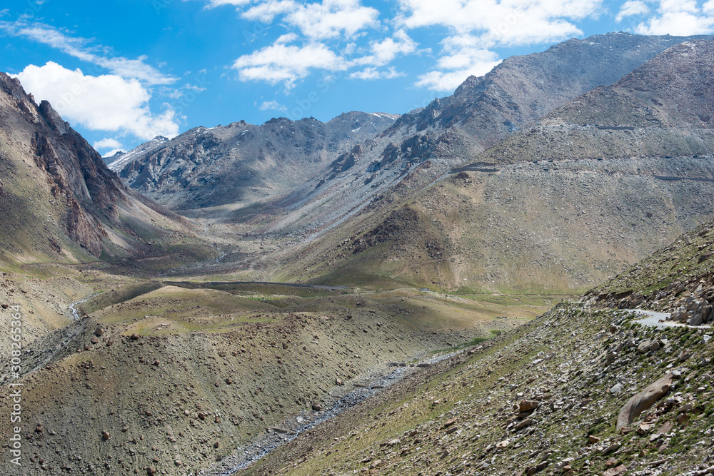 Ladakh, India - Aug 04 2019 - Beautiful scenic view from Between Leh and Chang La Pass (5360m) in Ladakh, Jammu and Kashmir, India. Ladakh, India - Aug 04 2019 - Beautiful scenic view from Between Leh and Chang La Pass (5360m) in Ladakh, Jammu and Kashmir, India.