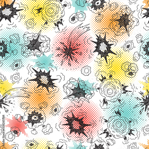 Hand Drawn Doodle Comics Book Cartoon Explosions Seamless Pattern Vector illustration