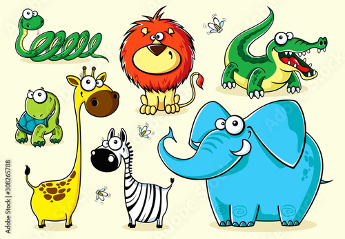 Set of isolated funny cartoon African animals with different emotions