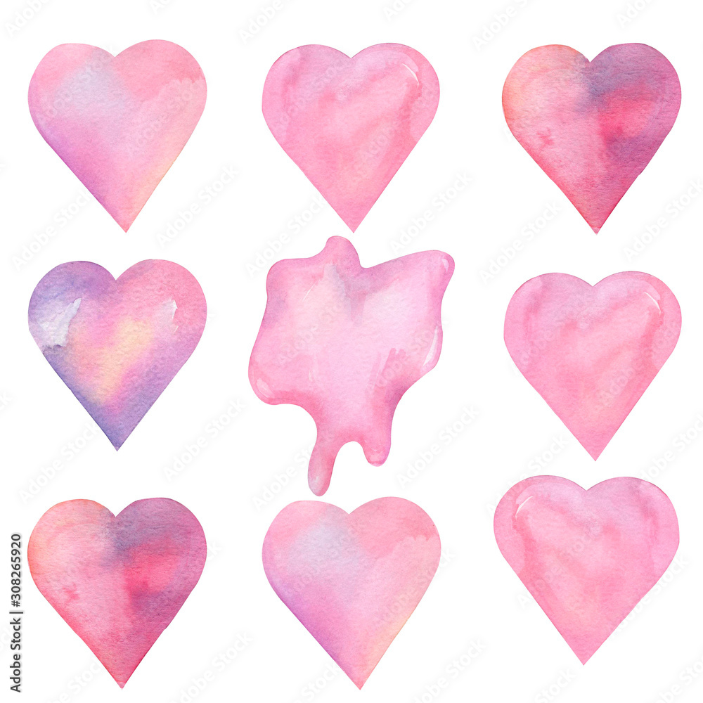 Watercolor Valentine's hearts. Pretty pink and purple hearts. Pattern for valentines day.