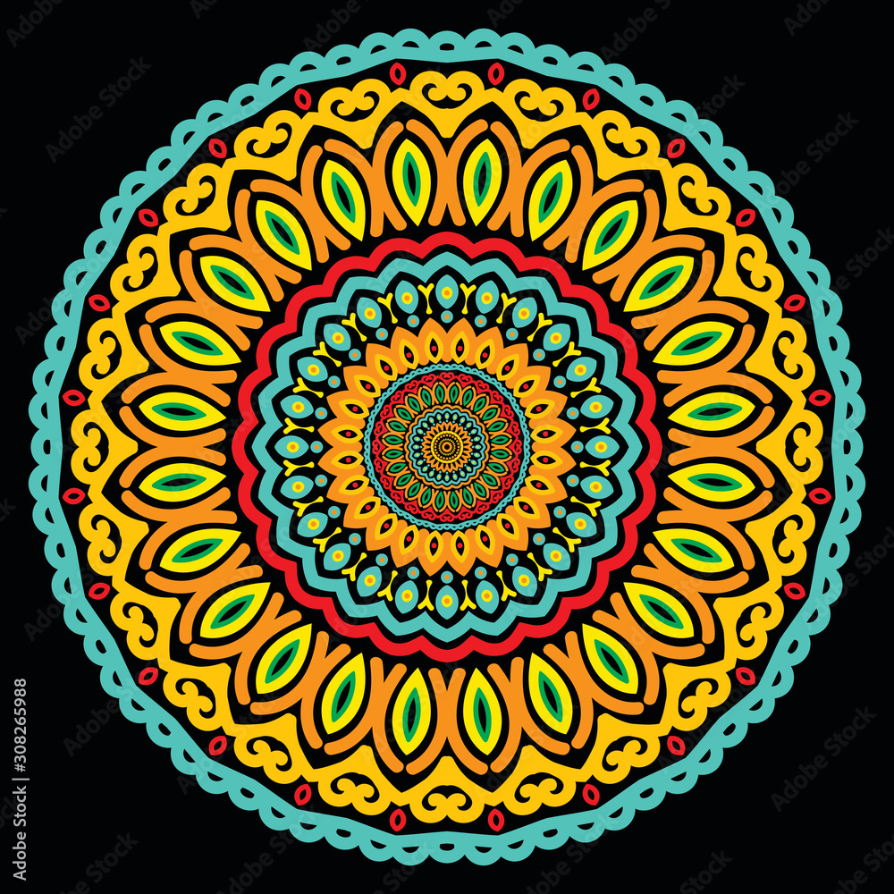 Abstract mandala graphic design decorative elements isolated on black color background for ancient geometric concepts