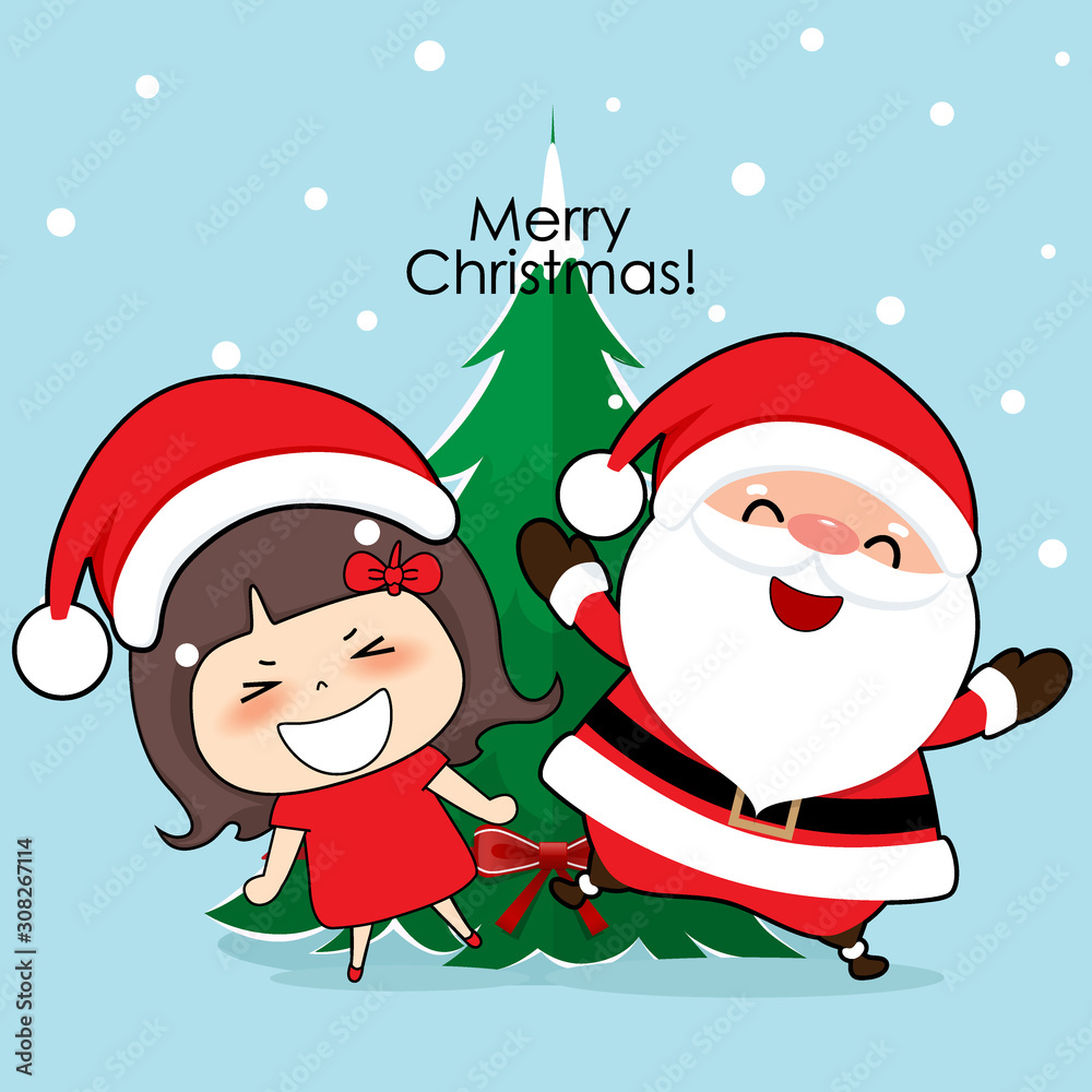 Santa Claus and cute character girl with santa costume. Christmas background. Christmas Greeting Card. Vector illustration. Santa Claus and cute character girl with santa costume. Christmas background. Christmas Greeting Card. Vector illustration.