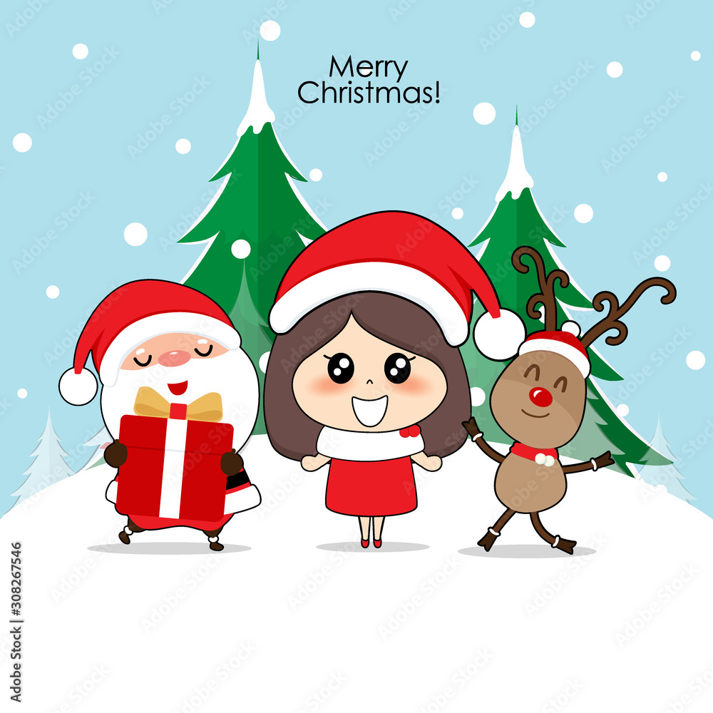 Santa Claus, Cute reindeer, and Cute character girl with santa costume. Christmas background. Christmas Greeting Card. Vector illustration. Santa Claus, Cute reindeer, and Cute character girl with santa costume. Christmas background. Christmas Greeting Card. Vector illustration.