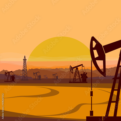 Nature landscape. Mountains, desert, oil pumpjacks, derricks. Vector illustration.