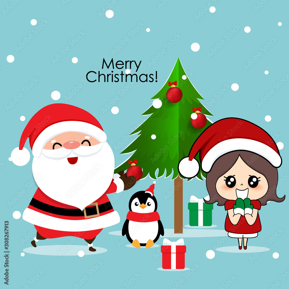 Santa Claus, Penguin and Cute girl with santa costume. Christmas background. Christmas Greeting Card. Vector illustration. Santa Claus, Penguin and Cute girl with santa costume. Christmas background. Christmas Greeting Card. Vector illustration.
