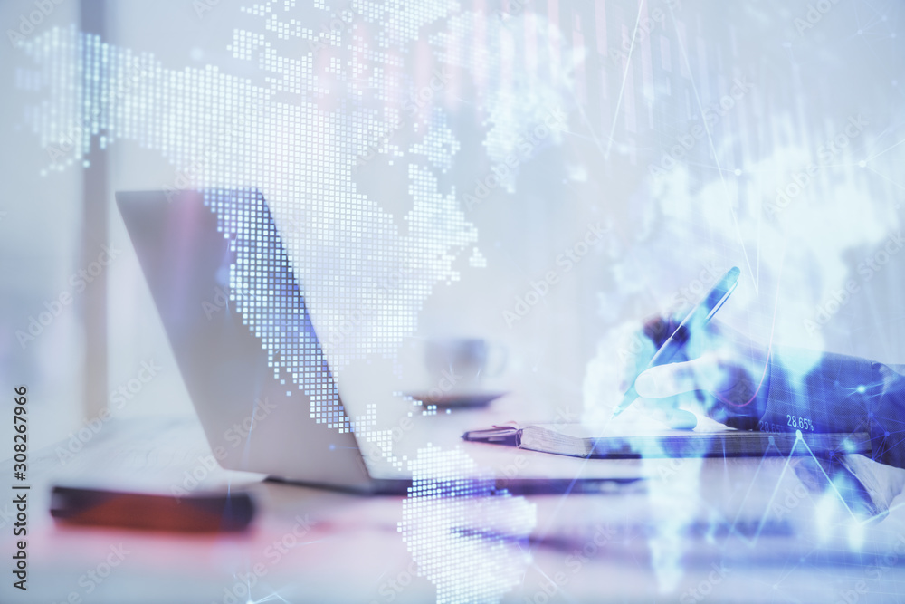 Multi exposure of forex chart with man working on computer on background. Concept of market analysis. Multi exposure of forex chart with man working on computer on background. Concept of market analysis.