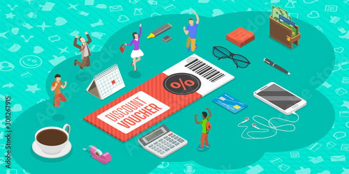 Isometric flat vector concept of discount voucher, advertising campaign and promotion strategy, shop loyalty program.