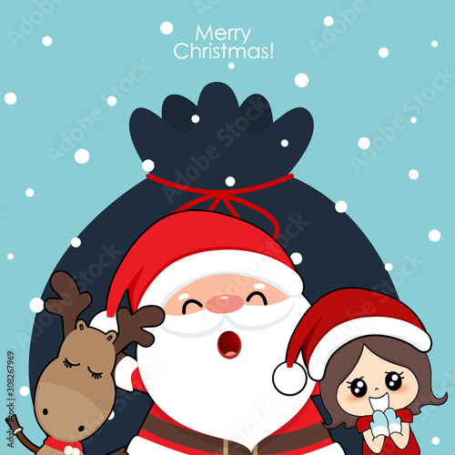 Christmas Greeting Card with Christmas Santa Claus  reindeer and cute girl. Vector illustration.