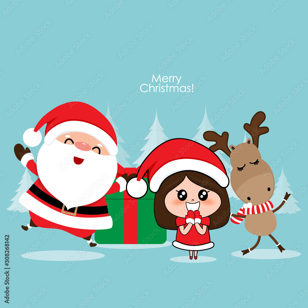 Christmas Greeting Card with Christmas Santa Claus, reindeer and cute girl. Vector illustration. Christmas Greeting Card with Christmas Santa Claus, reindeer and cute girl. Vector illustration.