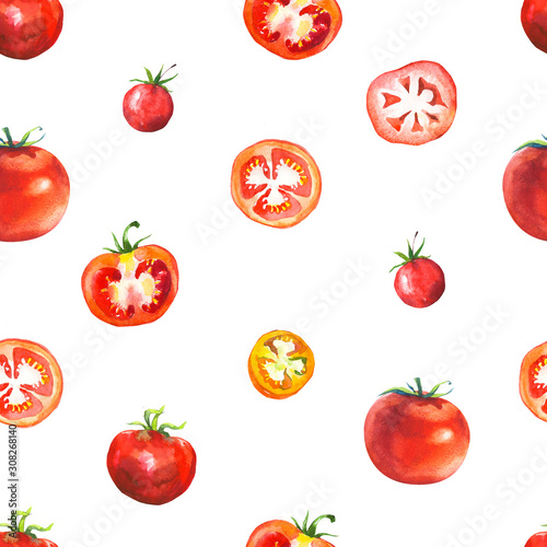 Vegetables watercolor set. Seamless pattern. Fresh organic food. Set of different kinds of tomatoes: green, orange and red colors. Simple painting sketch.