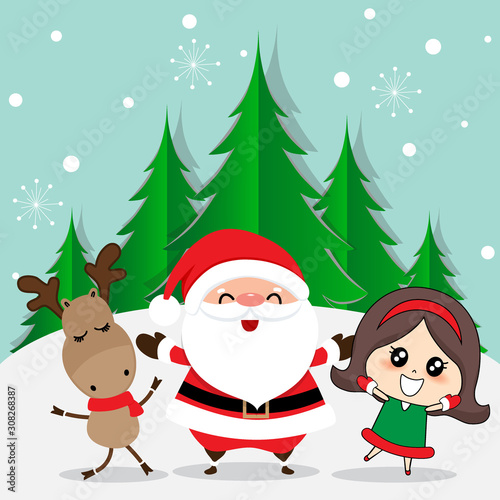 Christmas Greeting Card with Christmas Santa Claus  reindeer and cute girl. Vector illustration.