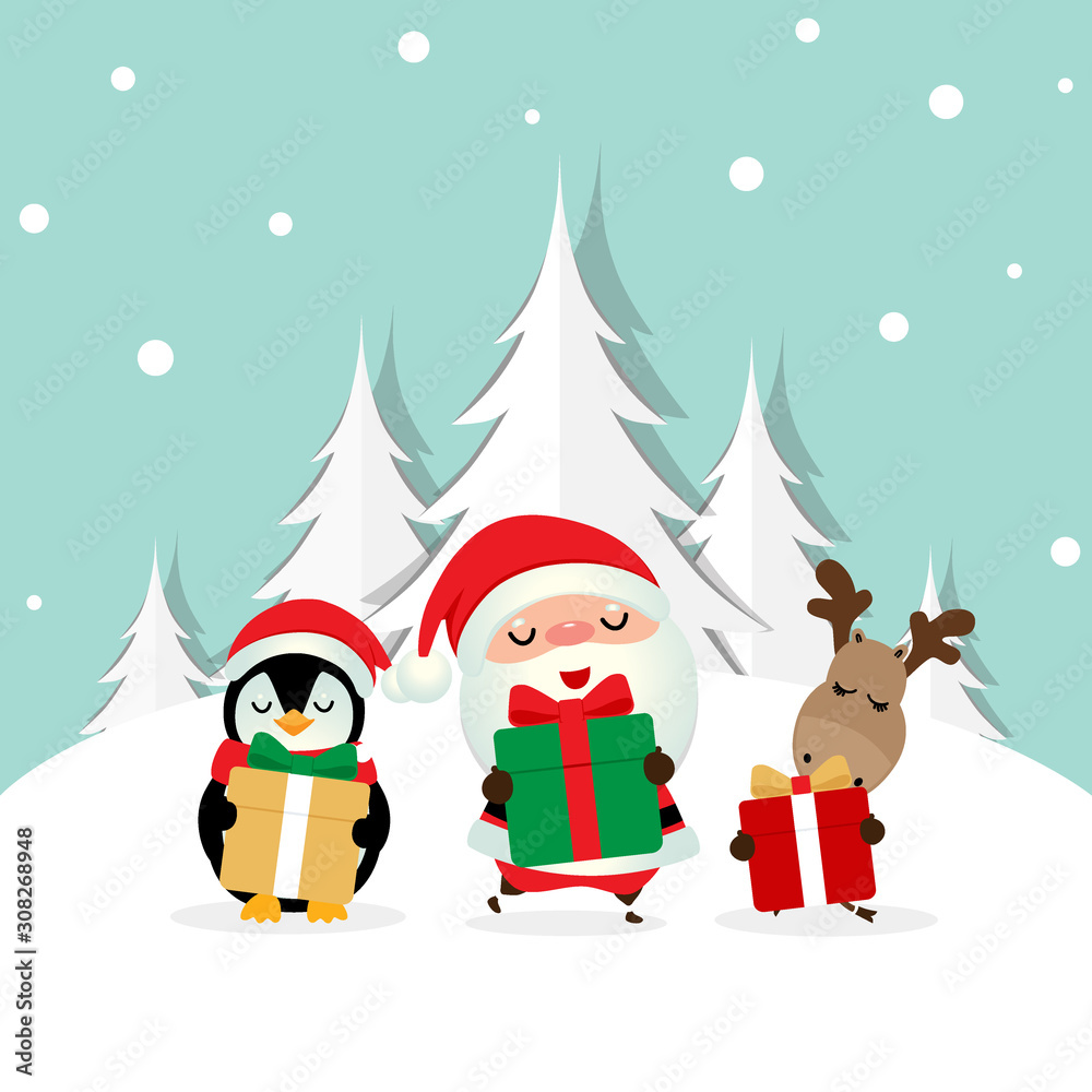 Christmas Greeting Card with Christmas Santa Claus ,Penguin and reindeer. Vector illustration.