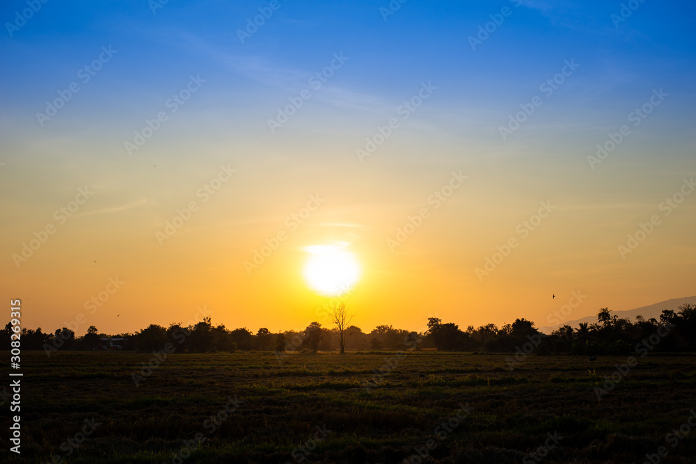 Beautiful sunset golden time and twilight sky landscape background. Concept for dramatic scene and fresh air in nature environment at the country side.