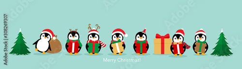 Penguin. Christmas background. Christmas Greeting Card. Vector illustration. © jannoon028