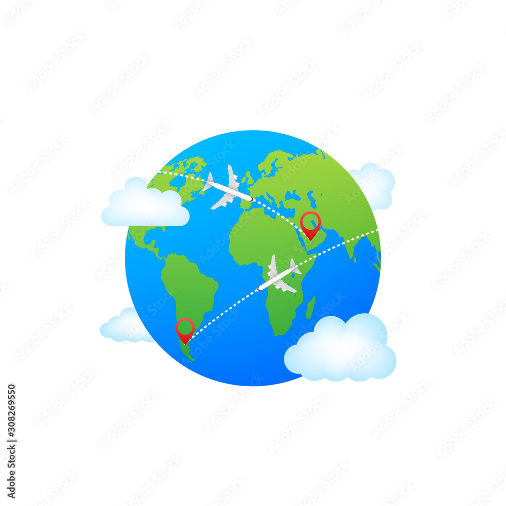 Plane flying around the world. Vector stock illustration.